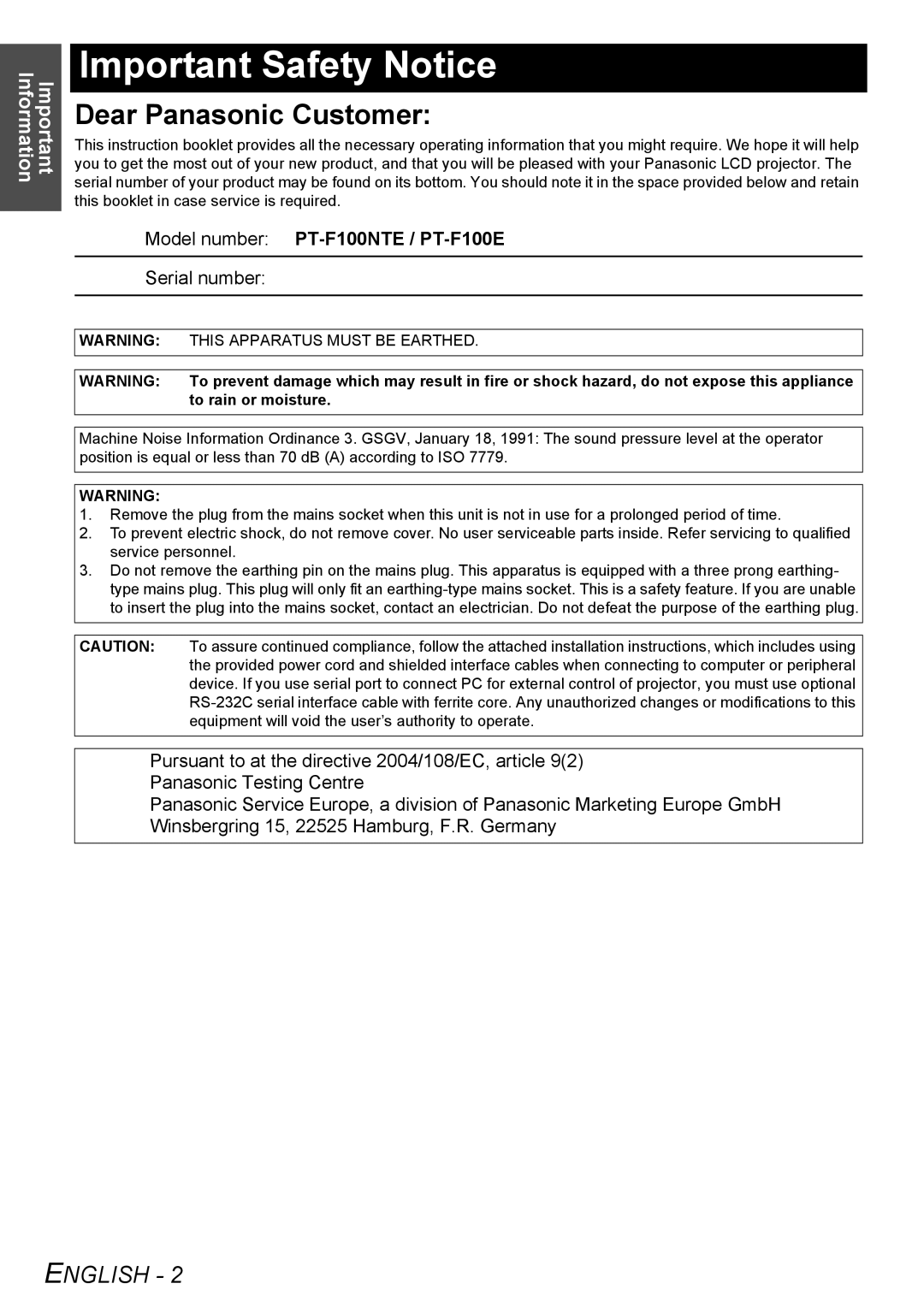 Panasonic manual Important Safety Notice, Model number PT-F100NTE / PT-F100E, This Apparatus Must be Earthed 