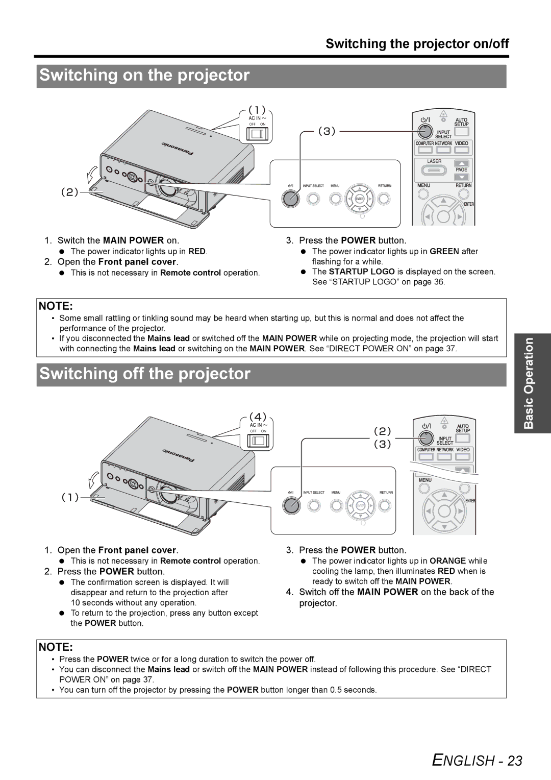 Panasonic PT-F100E, PT-F100NTE Switching on the projector, Switching off the projector, Switching the projector on/off 