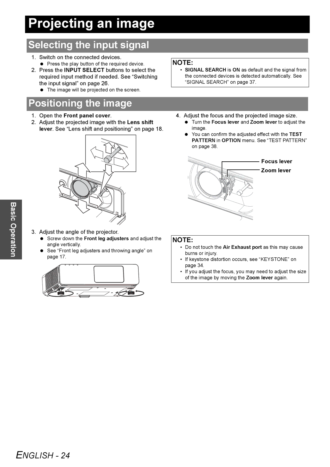 Panasonic PT-F100NTE manual Projecting an image, Selecting the input signal, Positioning the image, Focus lever Zoom lever 