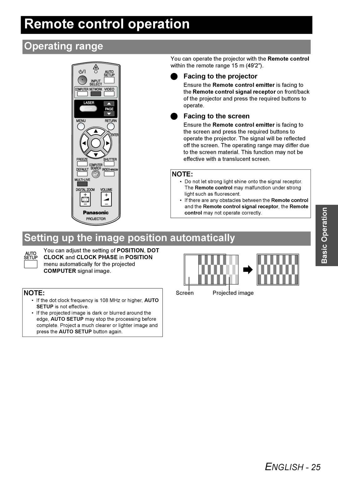 Panasonic PT-F100E, PT-F100NTE manual Remote control operation, Operating range, Setting up the image position automatically 