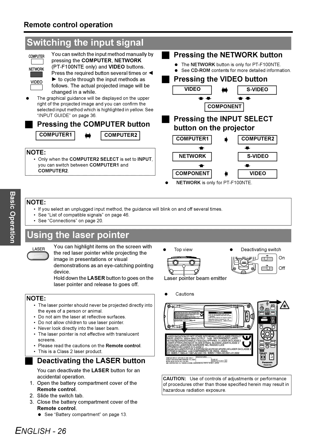 Panasonic PT-F100NTE, PT-F100E manual Switching the input signal, Using the laser pointer 