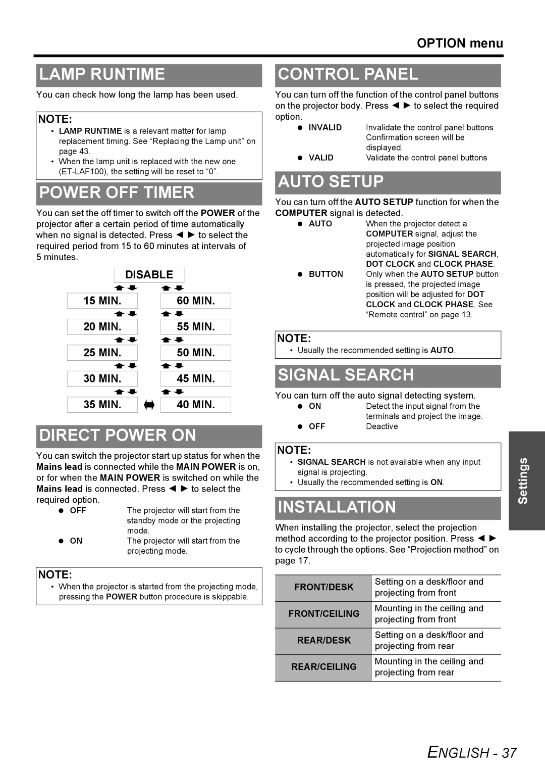 Panasonic PT-F100E Lamp Runtime, Power OFF Timer, Control Panel, Auto Setup, Direct Power on, Signal Search, Installation 