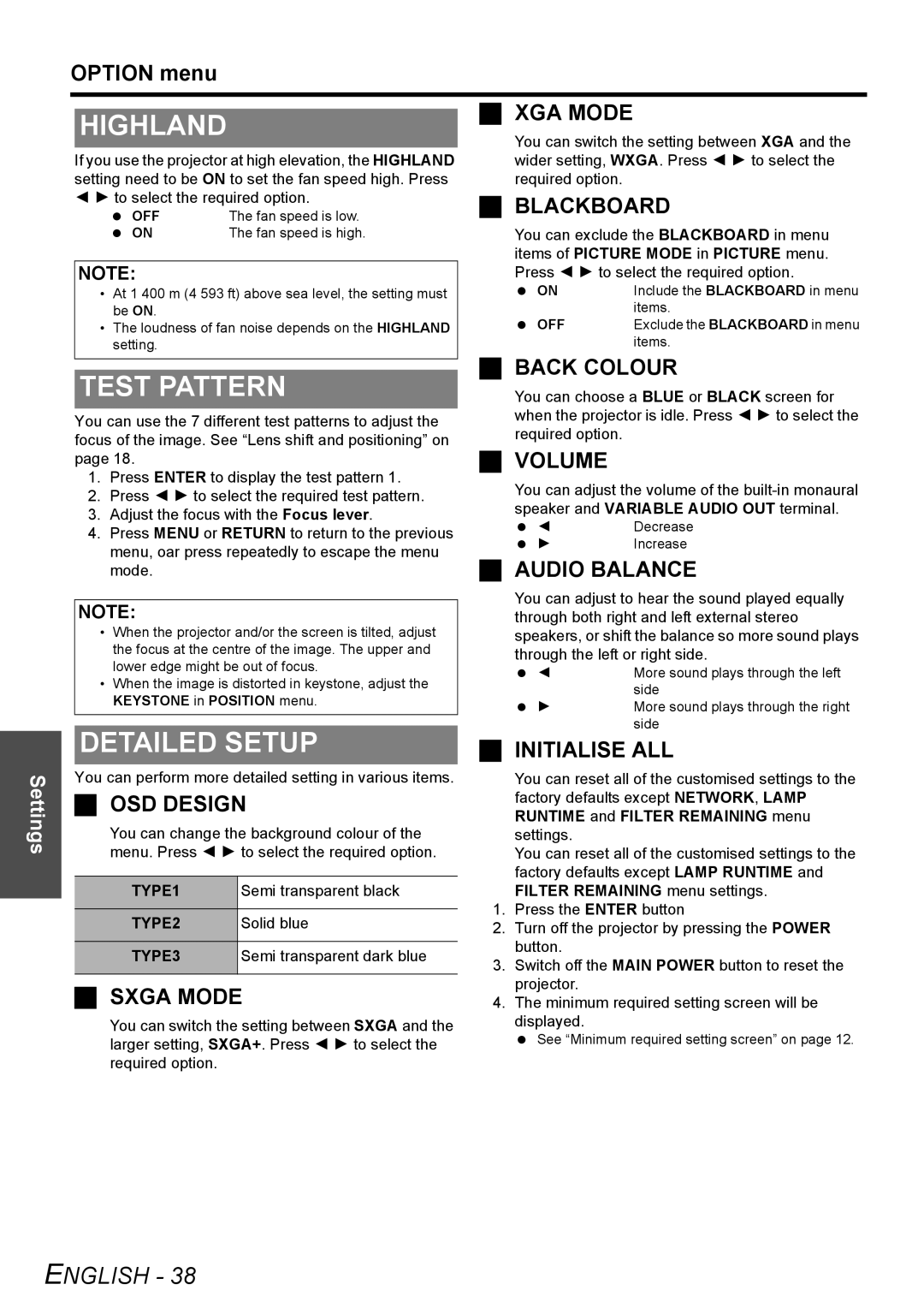 Panasonic PT-F100NTE, PT-F100E manual Highland, Test Pattern 