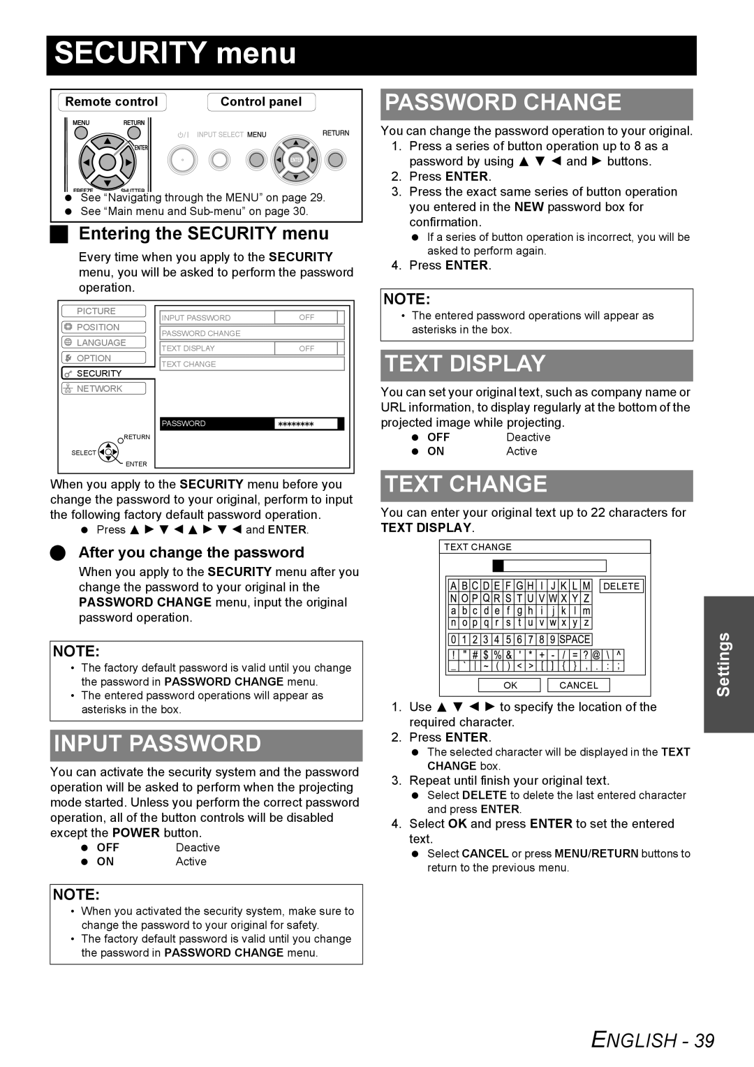 Panasonic PT-F100E, PT-F100NTE manual Security menu, Input Password, Password Change, Text Display, Text Change 