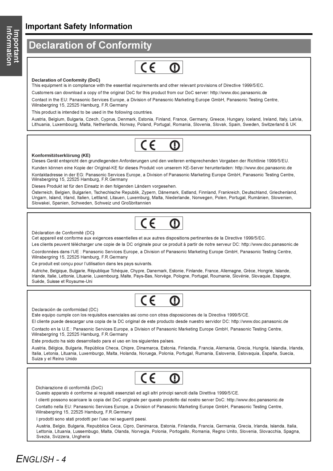 Panasonic PT-F100NTE, PT-F100E manual Declaration of Conformity, Important Safety Information 