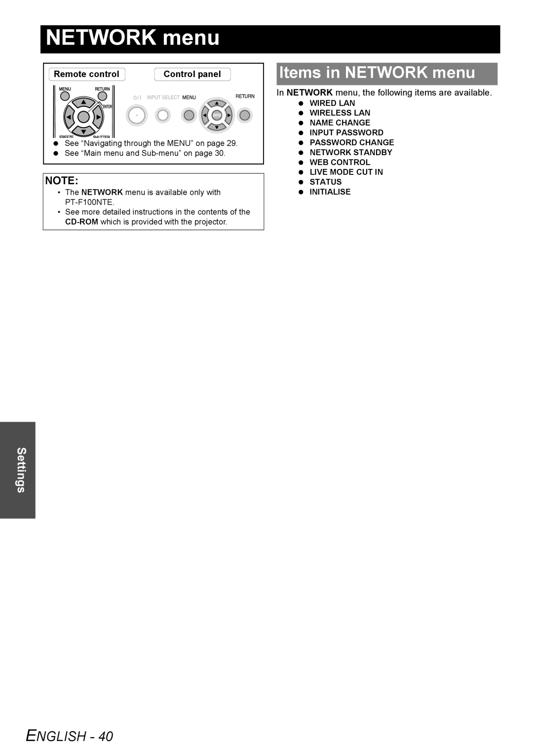 Panasonic PT-F100NTE, PT-F100E manual Items in Network menu, Network menu, the following items are available 