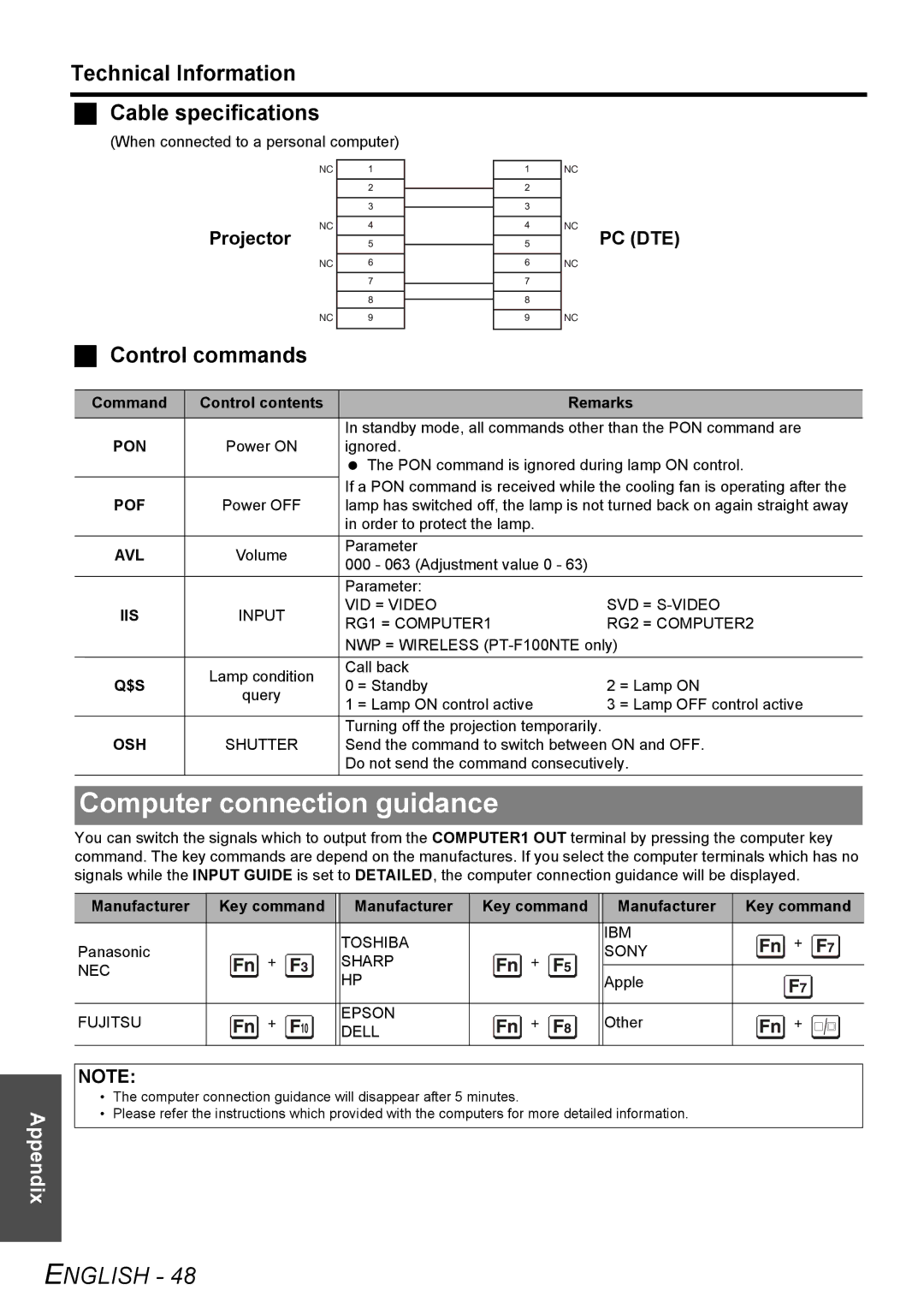 Panasonic PT-F100NTE Computer connection guidance, Technical Information Cable specifications, Control commands, Projector 