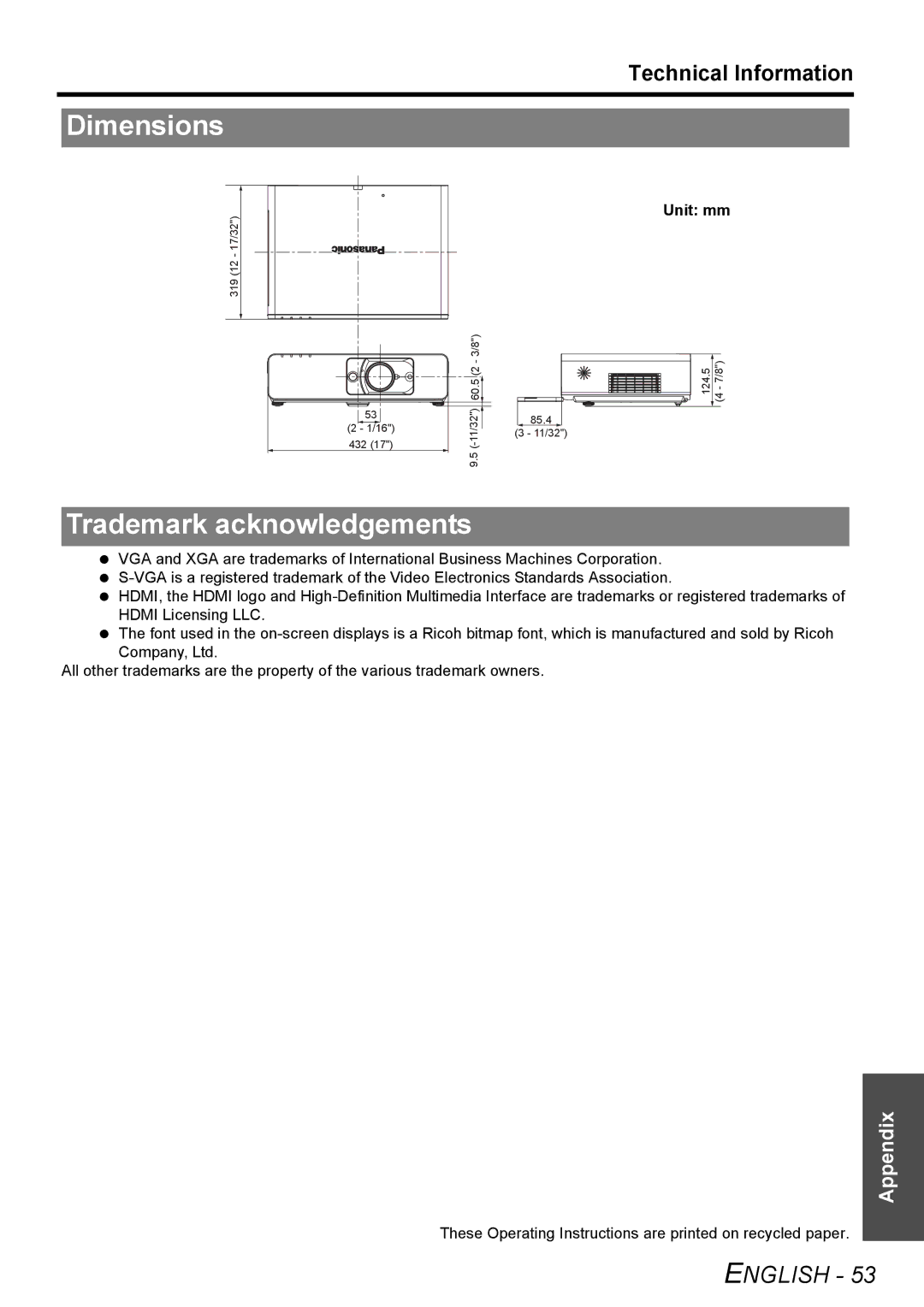 Panasonic PT-F100E, PT-F100NTE manual Dimensions, Trademark acknowledgements, Unit mm 