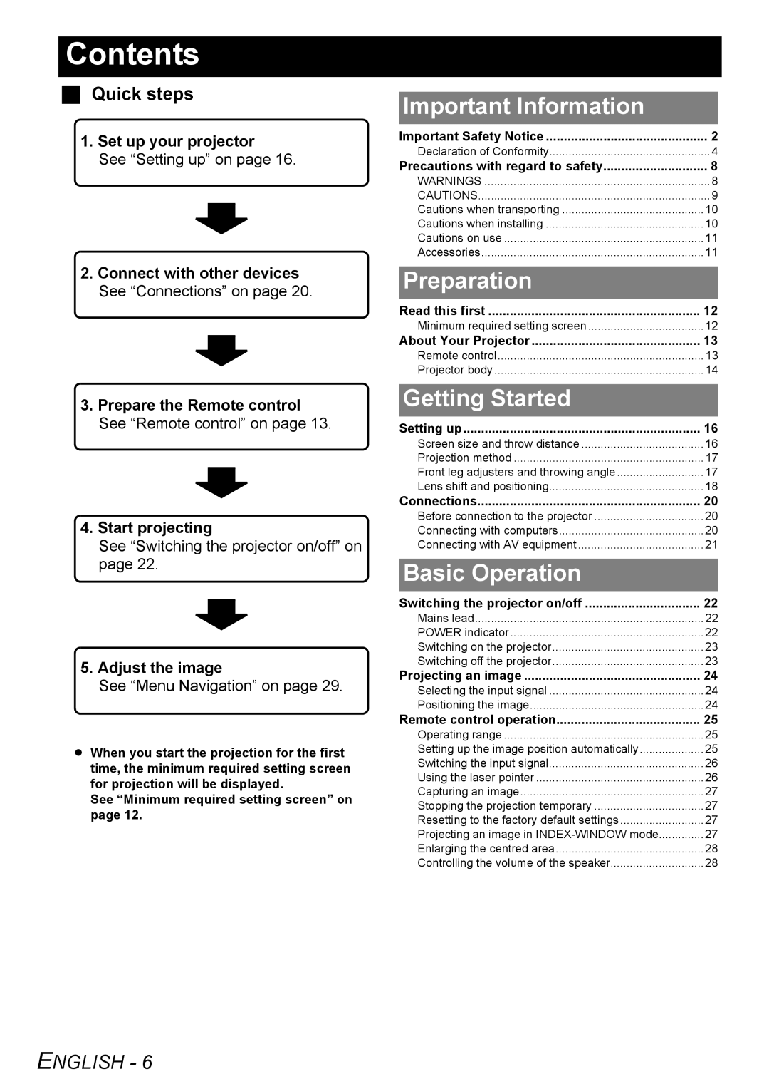 Panasonic PT-F100NTE, PT-F100E manual Contents 