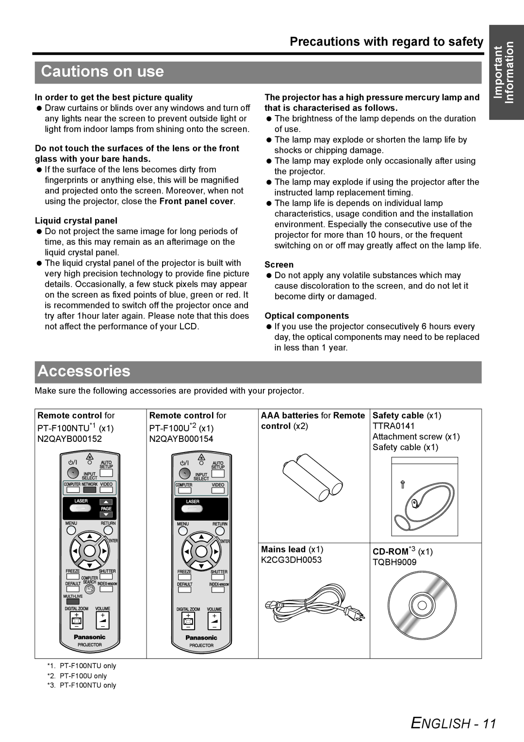 Panasonic PT-F100NTU manual Accessories 