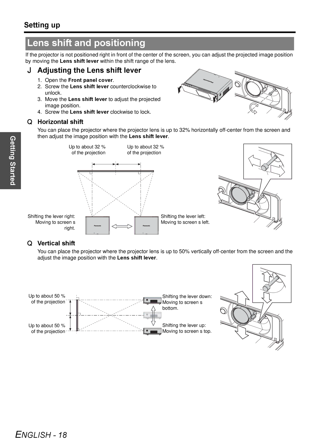 Panasonic PT-F100NTU manual Lens shift and positioning, Adjusting the Lens shift lever, Horizontal shift, Vertical shift 