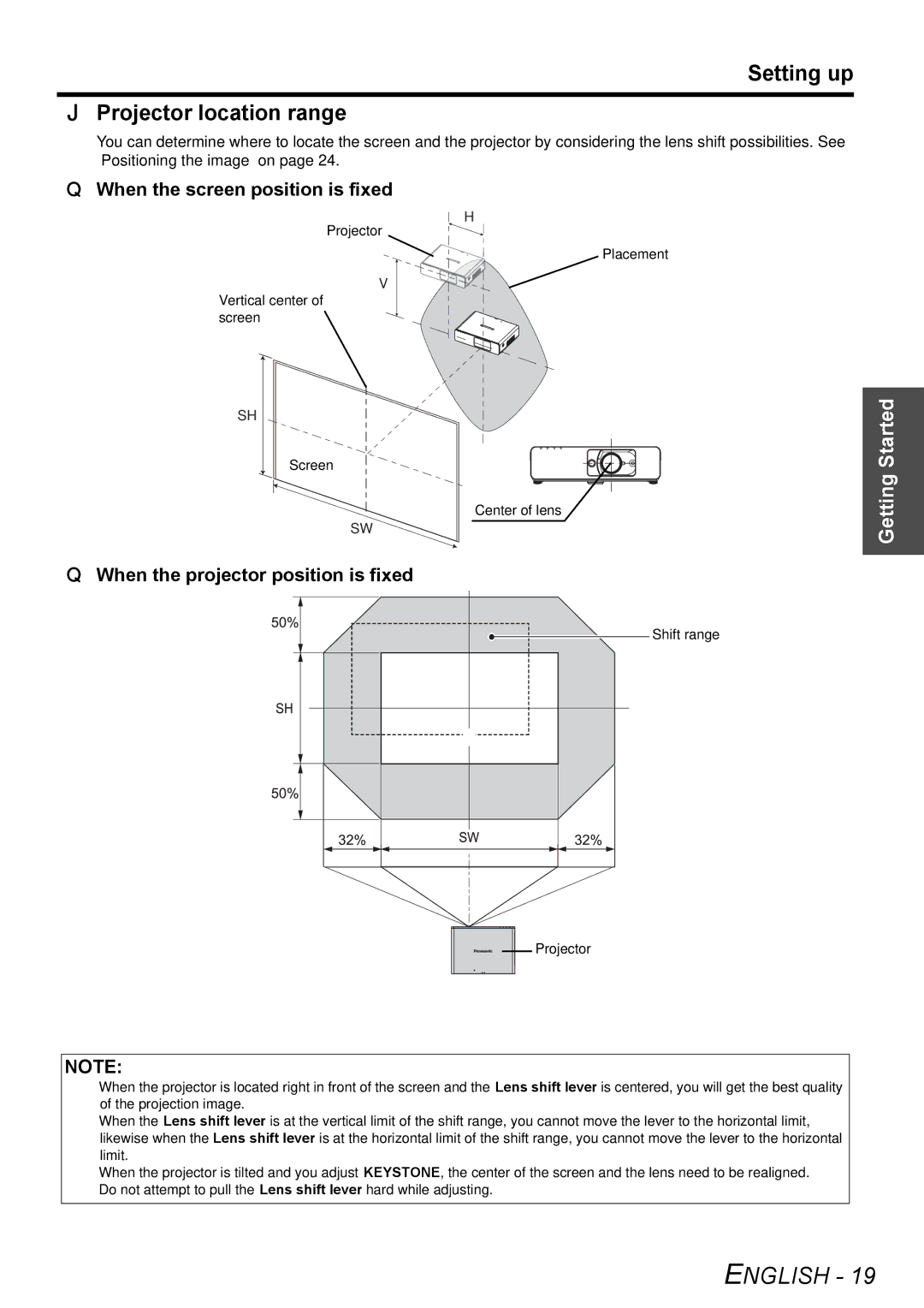 Panasonic PT-F100NTU manual Setting up Projector location range, When the screen position is fixed 