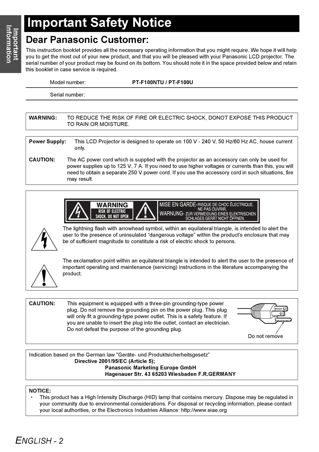 Panasonic manual Important Safety Notice, Model number PT-F100NTU / PT-F100U 