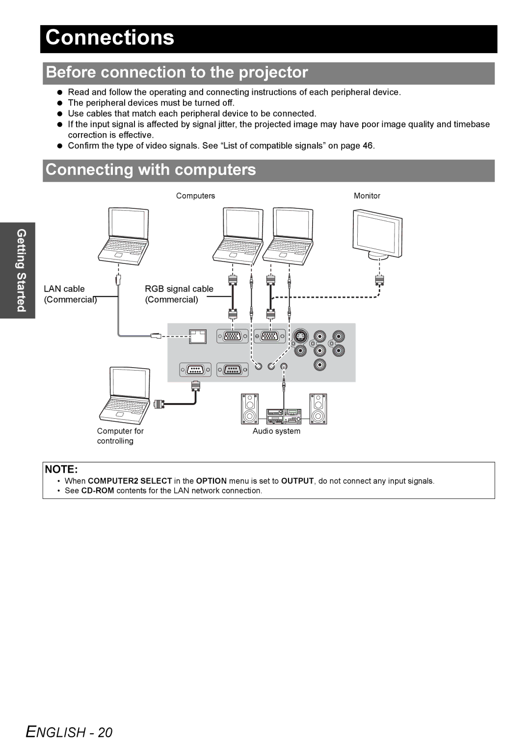 Panasonic PT-F100NTU manual Connections, Before connection to the projector, Connecting with computers, Commercial 