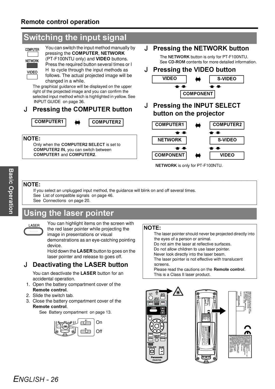 Panasonic PT-F100NTU manual Switching the input signal, Using the laser pointer 