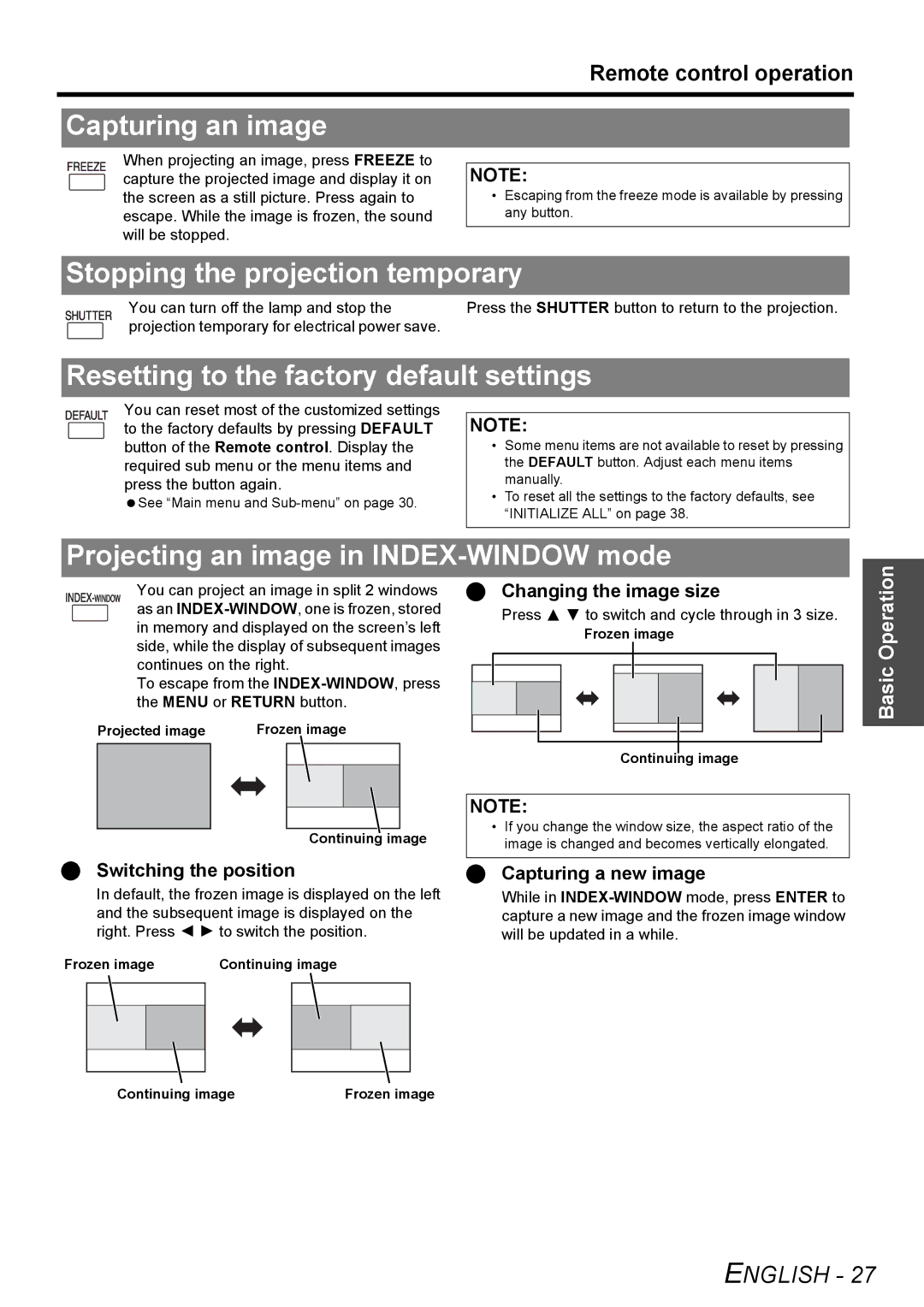 Panasonic PT-F100NTU Capturing an image, Stopping the projection temporary, Resetting to the factory default settings 