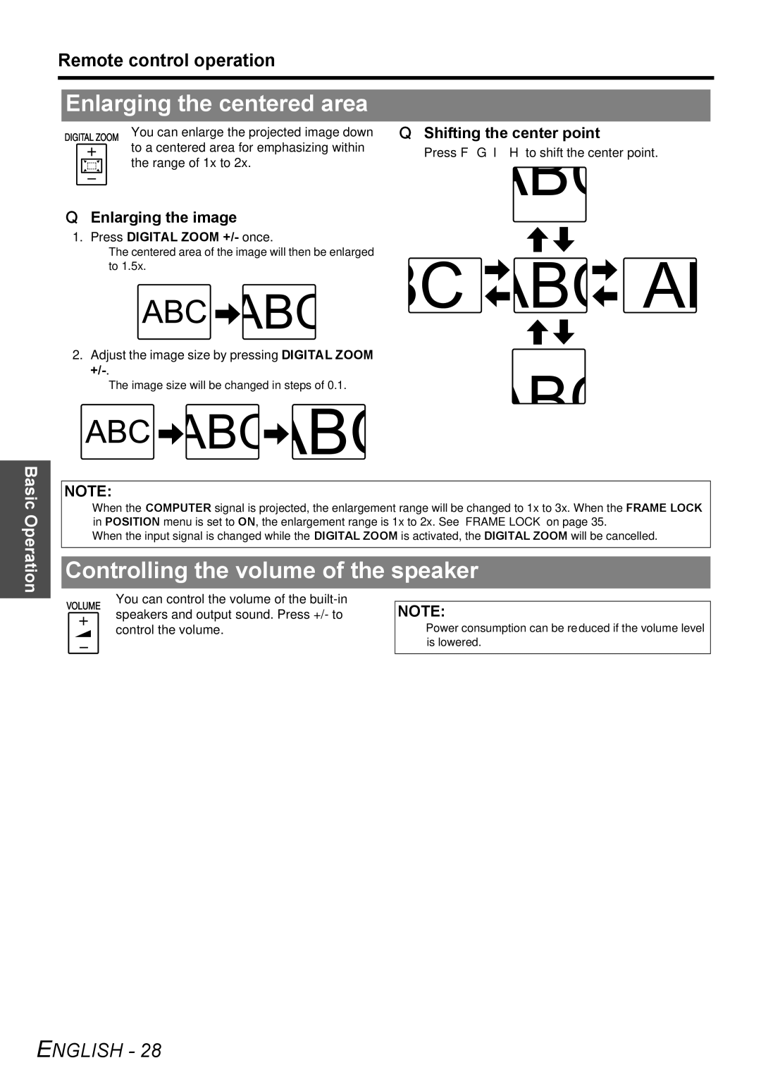 Panasonic PT-F100NTU manual Enlarging the centered area, Controlling the volume of the speaker, Enlarging the image 