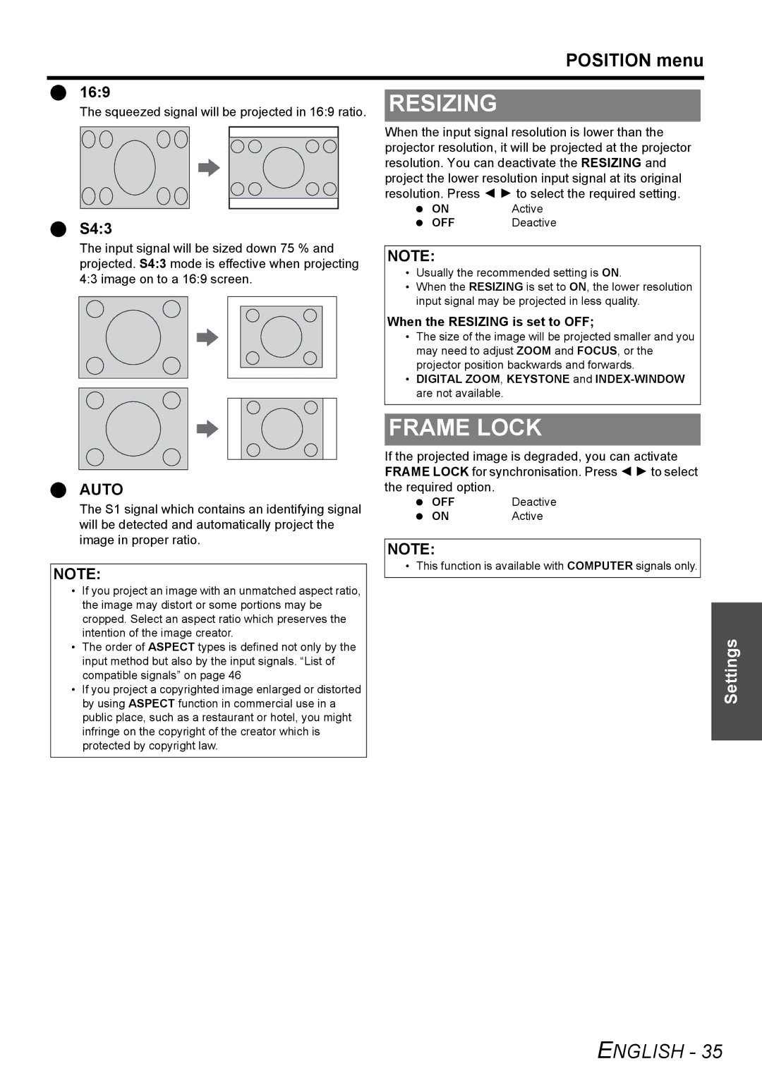 Panasonic PT-F100NTU manual Frame Lock, Position menu, S43, When the Resizing is set to OFF 