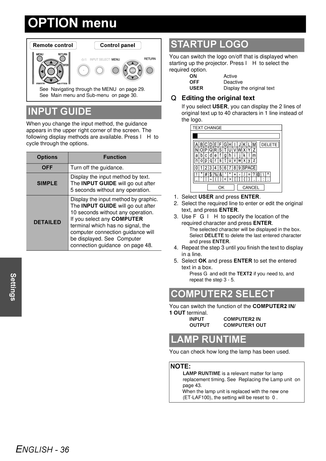 Panasonic PT-F100NTU manual Option menu, Input Guide, Startup Logo, COMPUTER2 Select, Lamp Runtime 