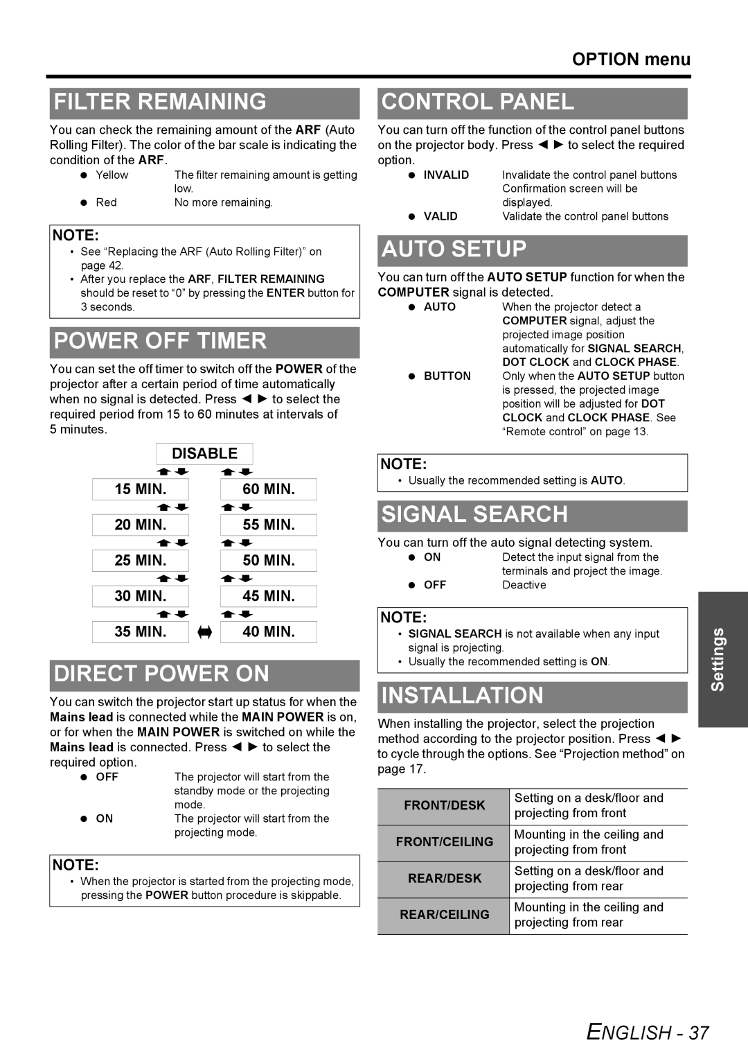 Panasonic PT-F100NTU manual Filter Remaining, Control Panel, Power OFF Timer, Auto Setup, Direct Power on, Signal Search 