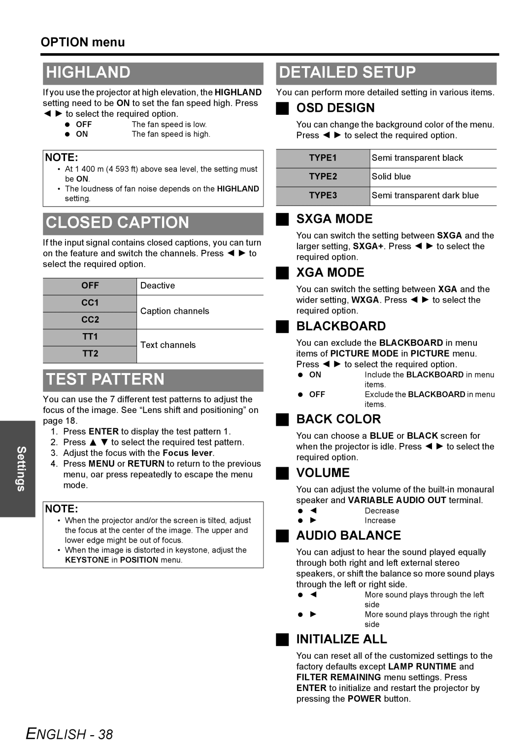 Panasonic PT-F100NTU manual Highland, Closed Caption, Test Pattern, CC2 TT1 