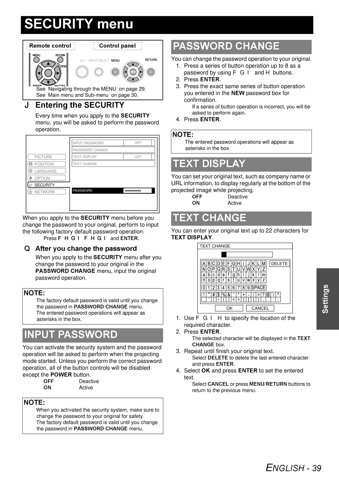 Panasonic PT-F100NTU manual Security menu, Input Password, Password Change, Text Display, Text Change 