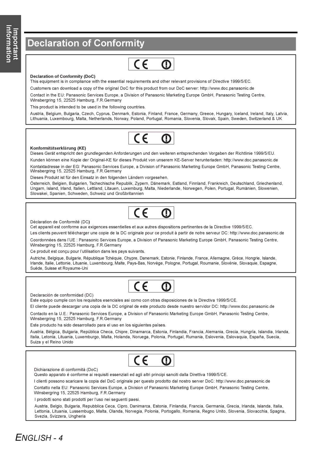 Panasonic PT-F100NTU manual Declaration of Conformity DoC 