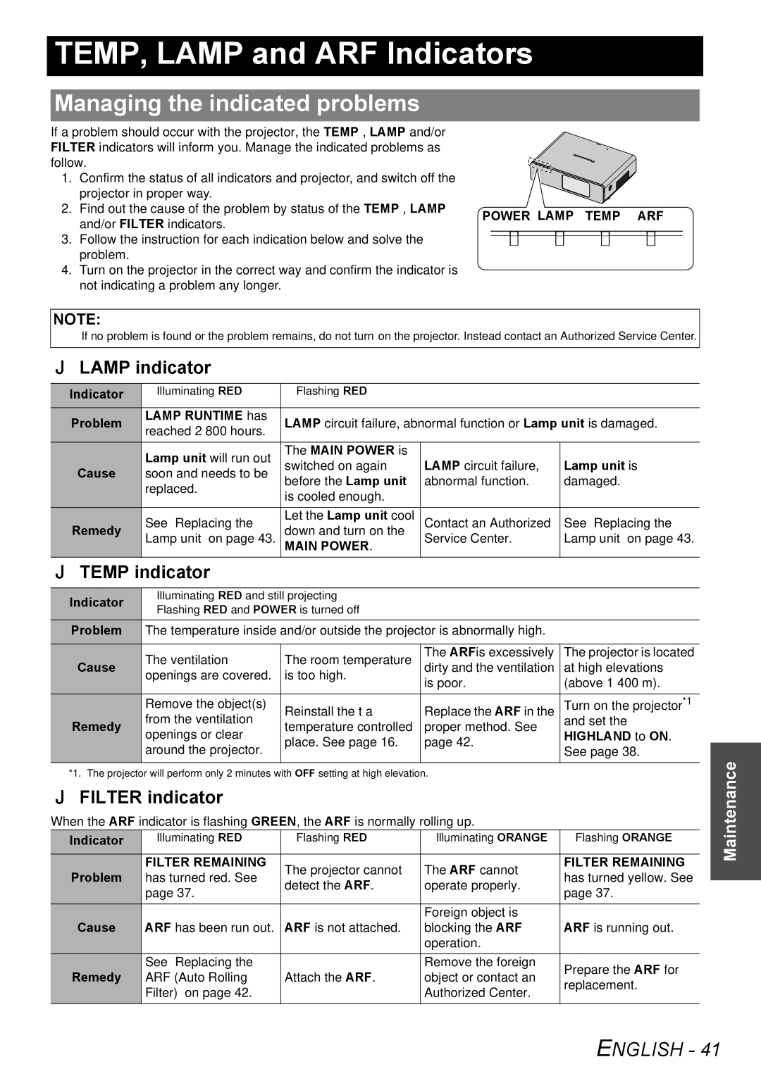 Panasonic PT-F100NTU manual TEMP, Lamp and ARF Indicators, Managing the indicated problems, Lamp indicator, Temp indicator 