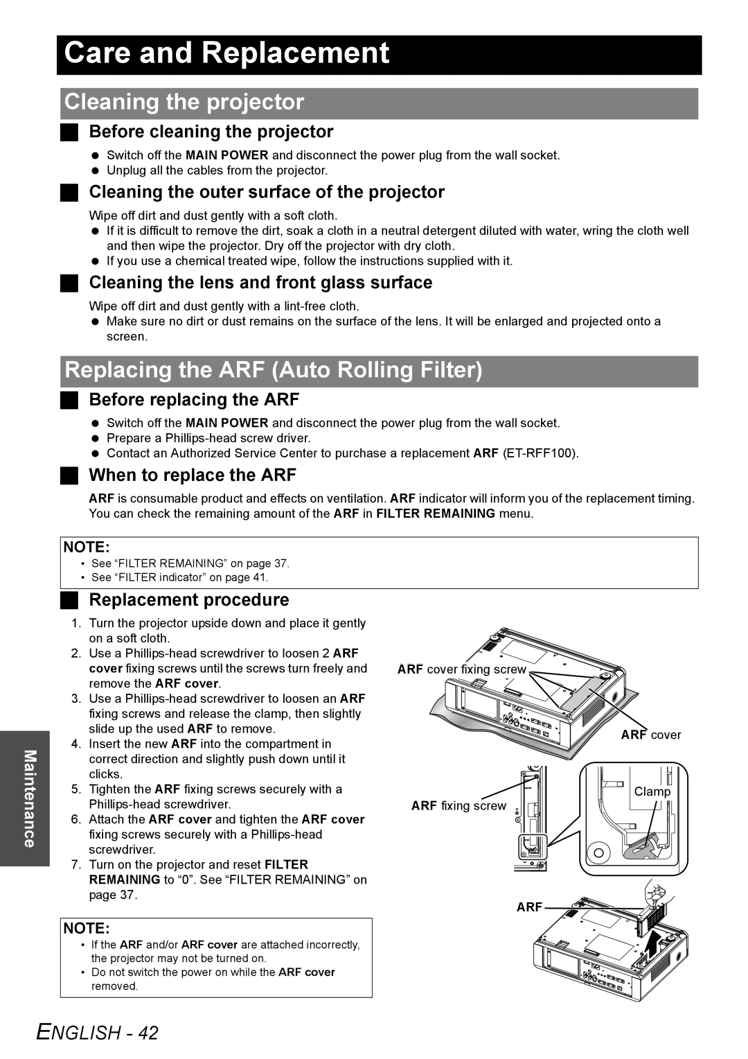 Panasonic PT-F100NTU manual Care and Replacement, Cleaning the projector, Replacing the ARF Auto Rolling Filter 