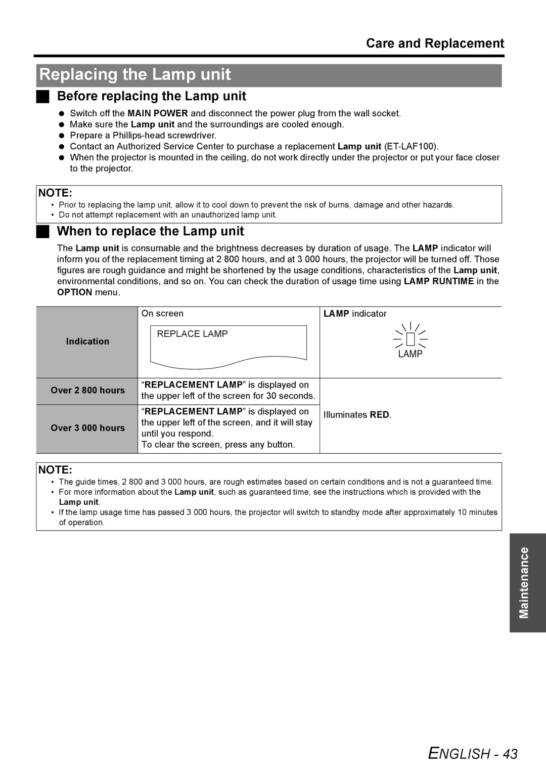 Panasonic PT-F100NTU manual Replacing the Lamp unit, Care and Replacement, Before replacing the Lamp unit 