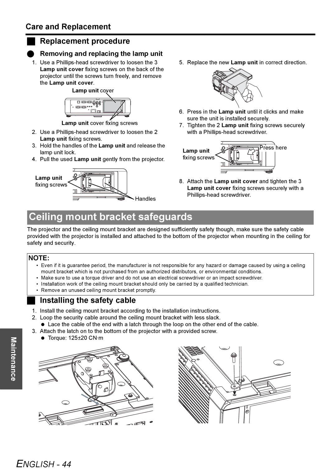 Panasonic PT-F100NTU manual Ceiling mount bracket safeguards, Care and Replacement Replacement procedure 