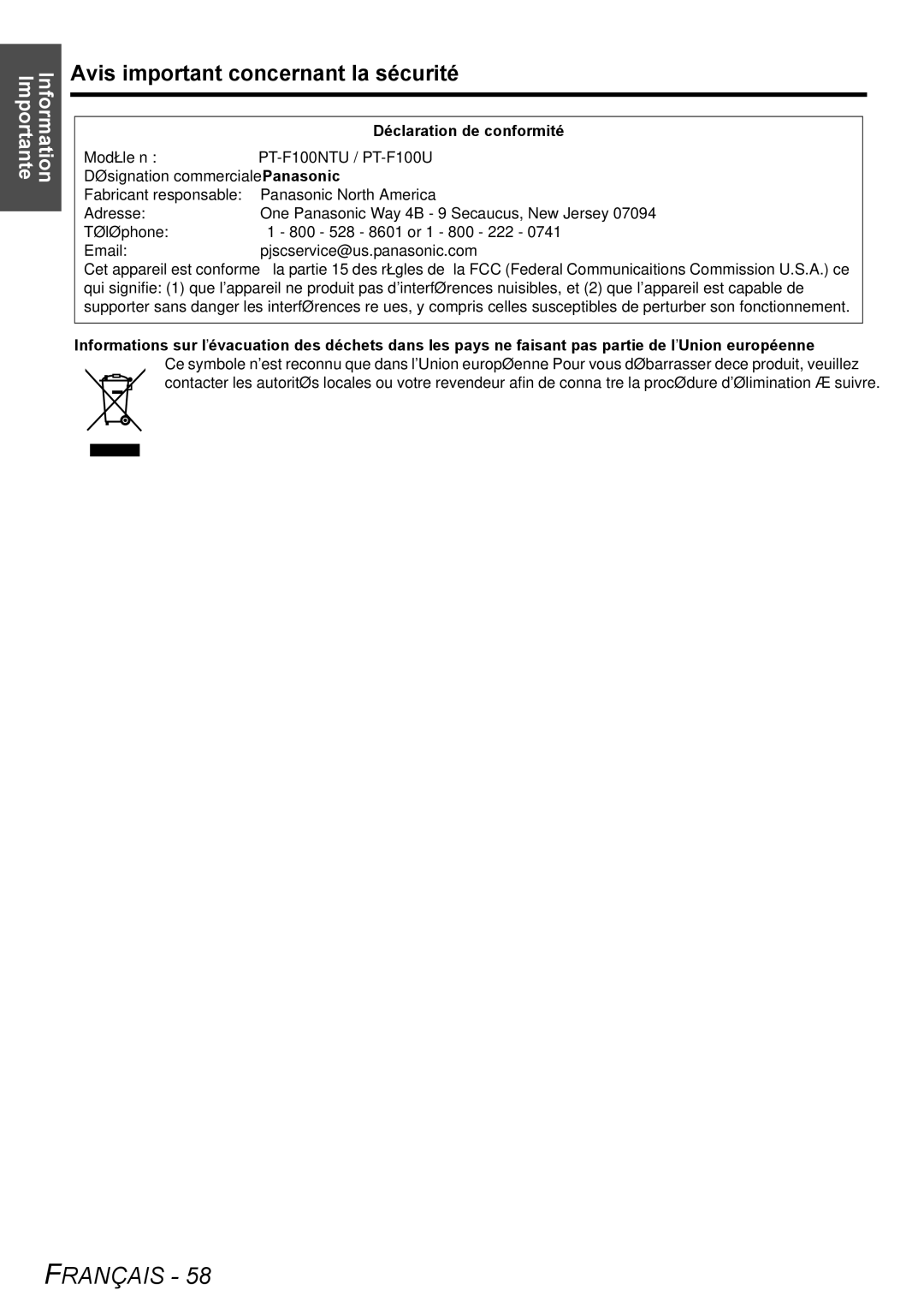 Panasonic PT-F100NTU manual Déclaration de conformité 