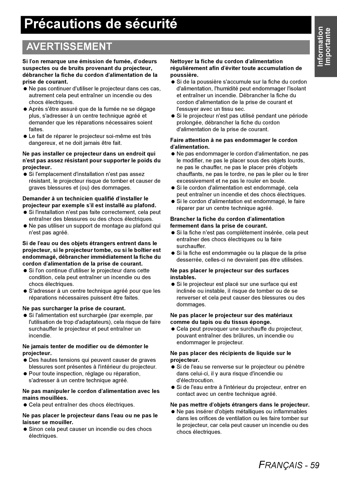 Panasonic PT-F100NTU manual Précautions de sécurité, Avertissement 