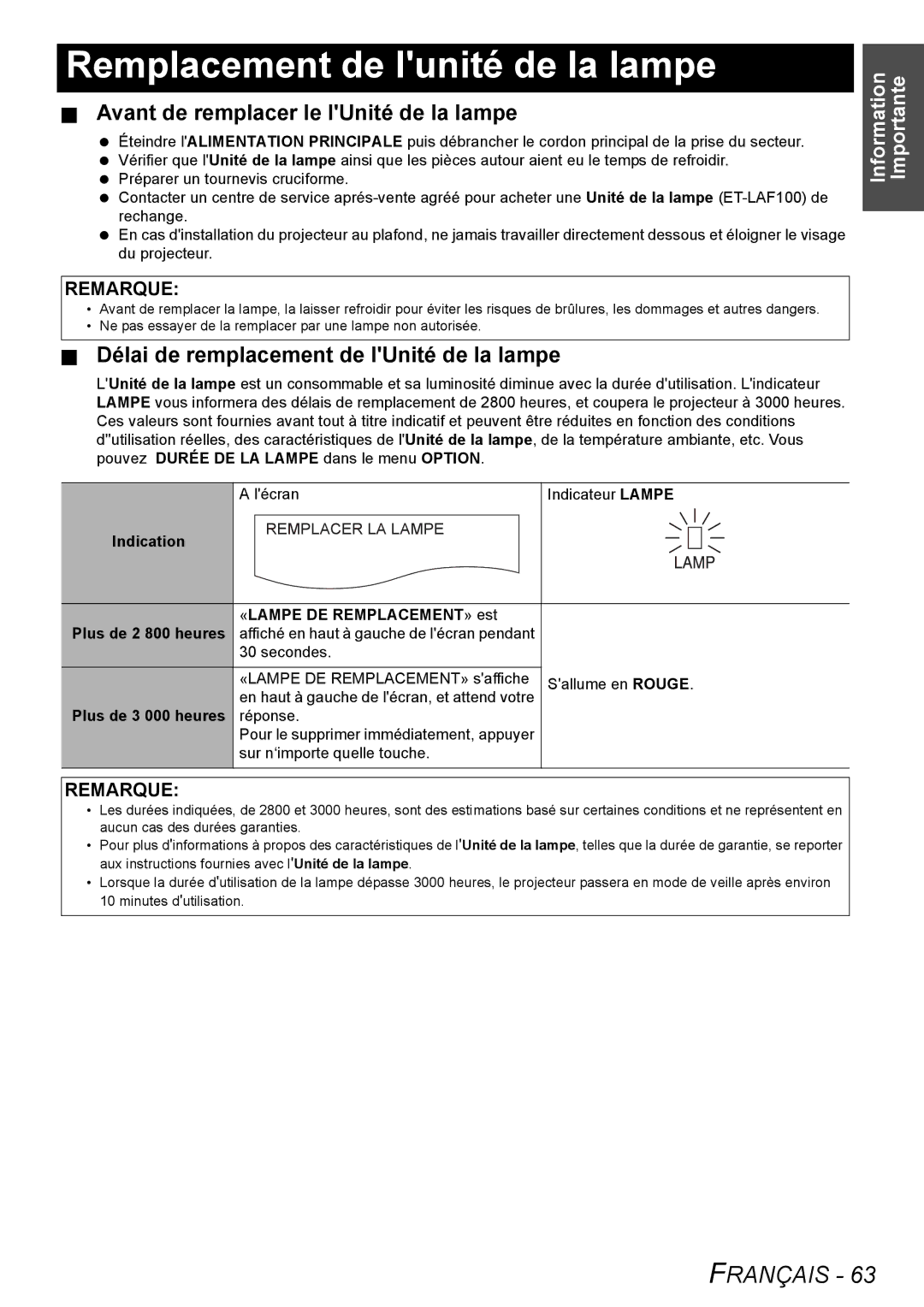 Panasonic PT-F100NTU manual Remplacement de lunité de la lampe, Avant de remplacer le lUnité de la lampe 