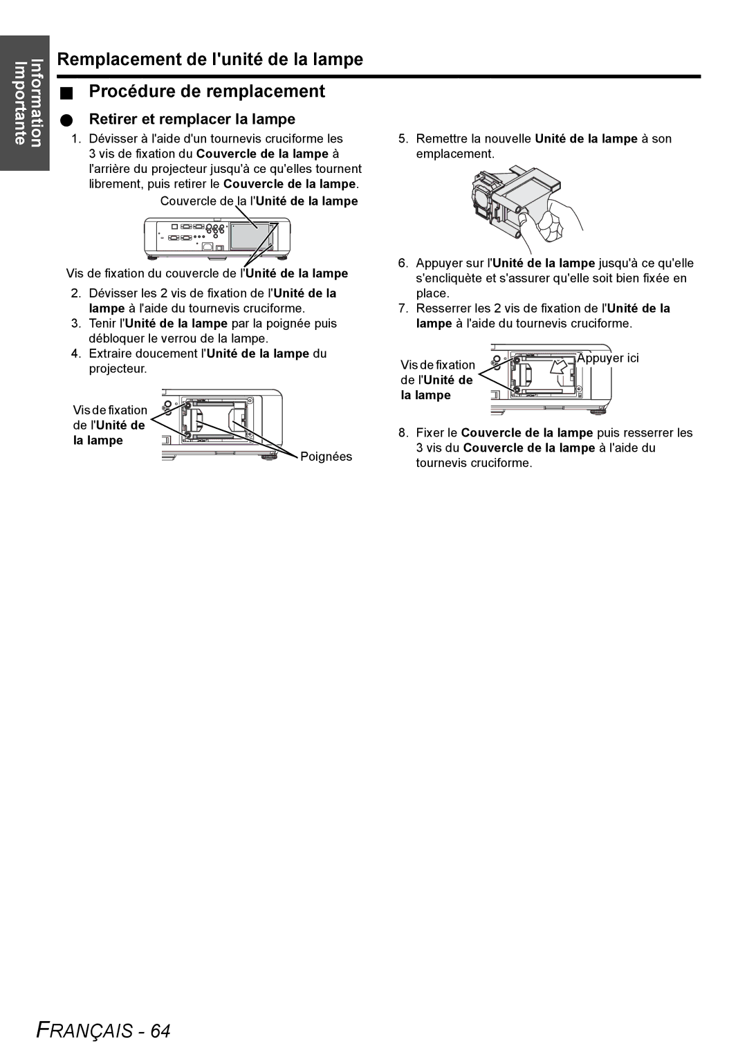 Panasonic PT-F100NTU manual Retirer et remplacer la lampe, De lUnité de La lampe 