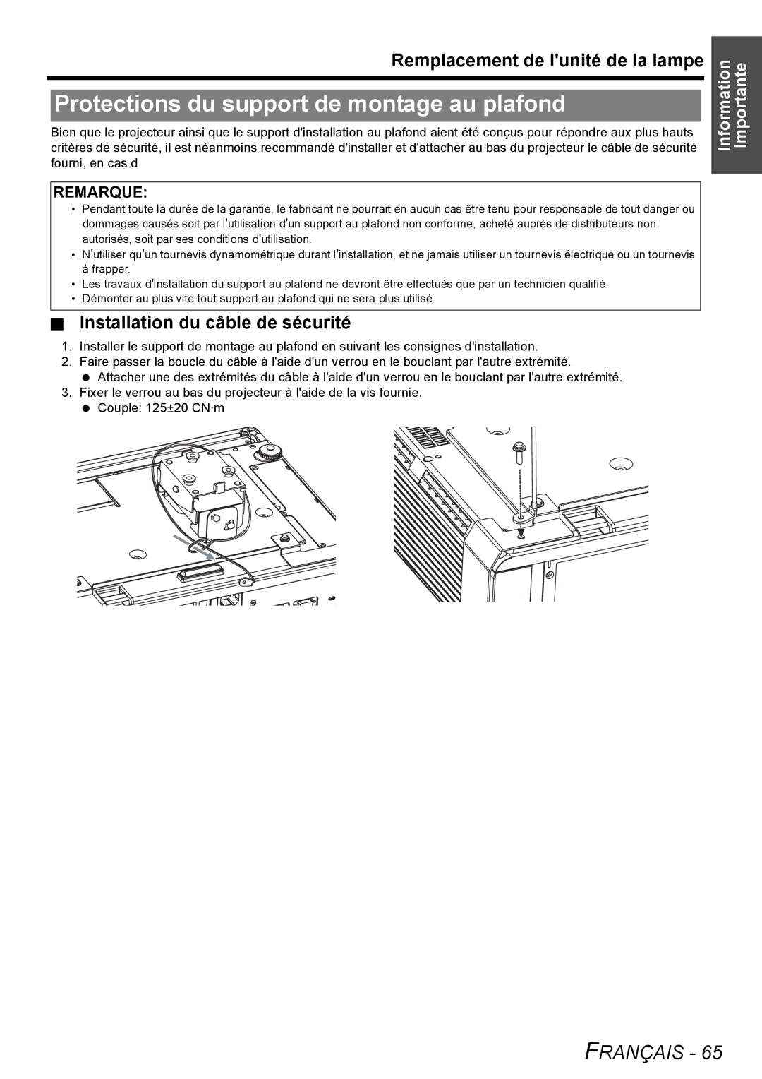 Panasonic PT-F100NTU manual Protections du support de montage au plafond, Remplacement de lunité de la lampe 