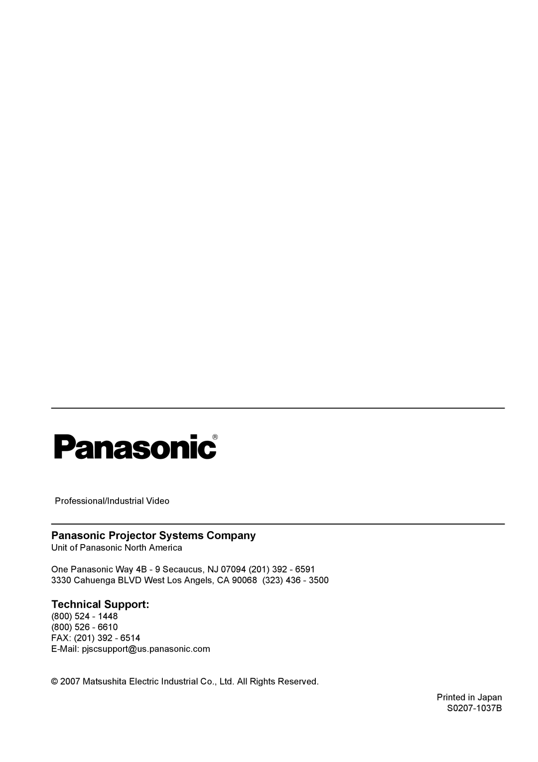 Panasonic PT-F100NTU manual Panasonic Projector Systems Company, Technical Support, Professional/Industrial Video 