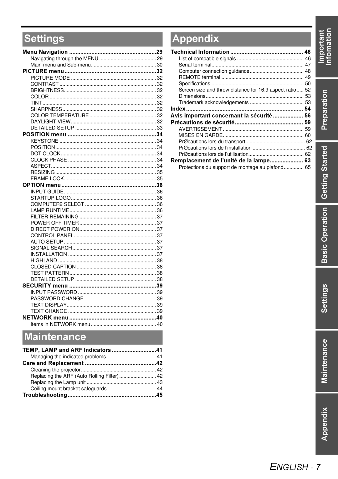 Panasonic PT-F100NTU manual Settings, Maintenance, Appendix 