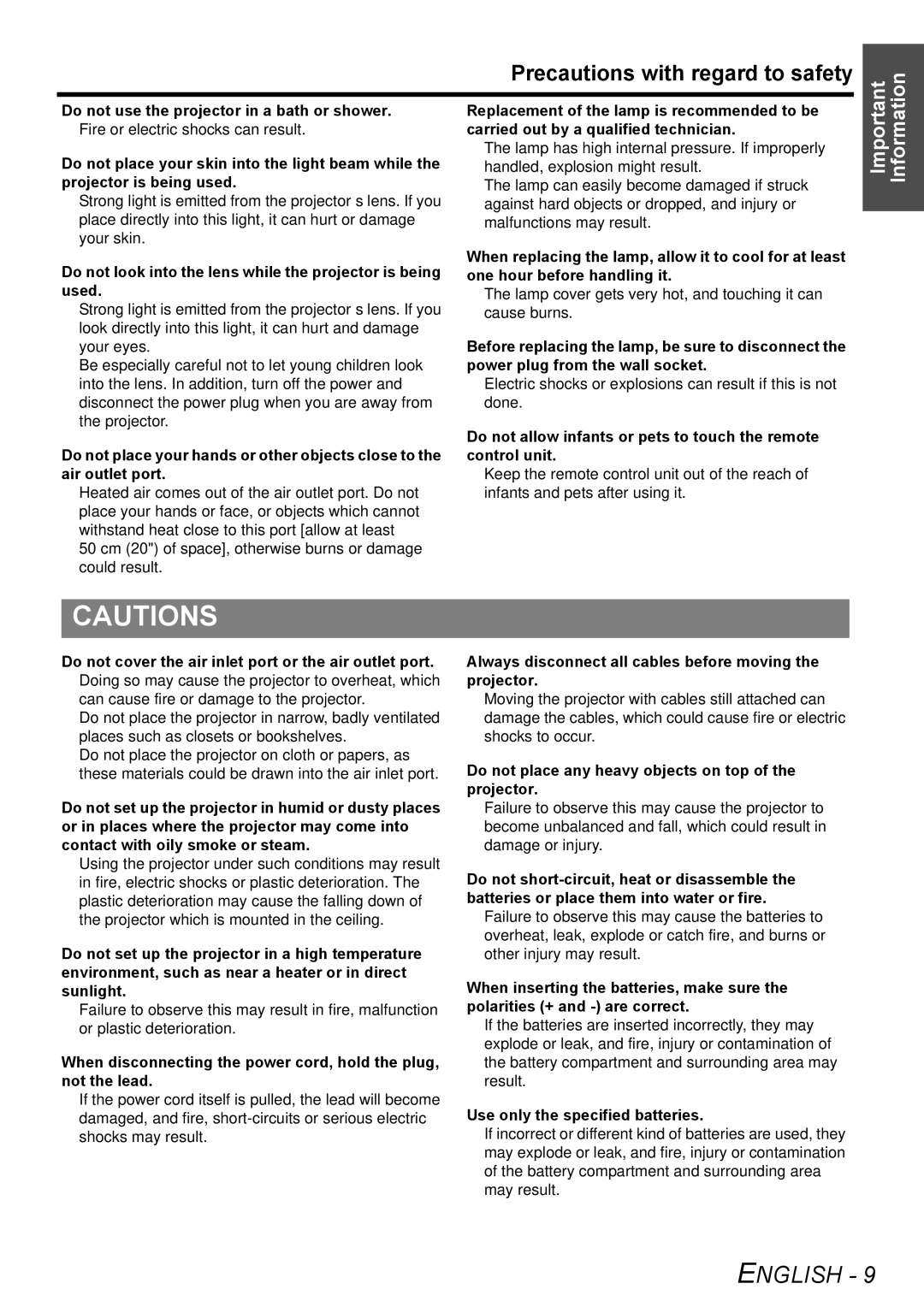 Panasonic PT-F100NTU manual Precautions with regard to safety, Do not look into the lens while the projector is being used 