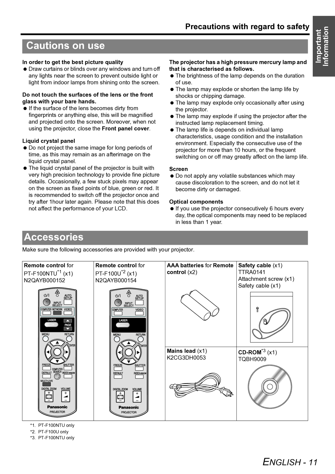 Panasonic PT-F100U manual Accessories 