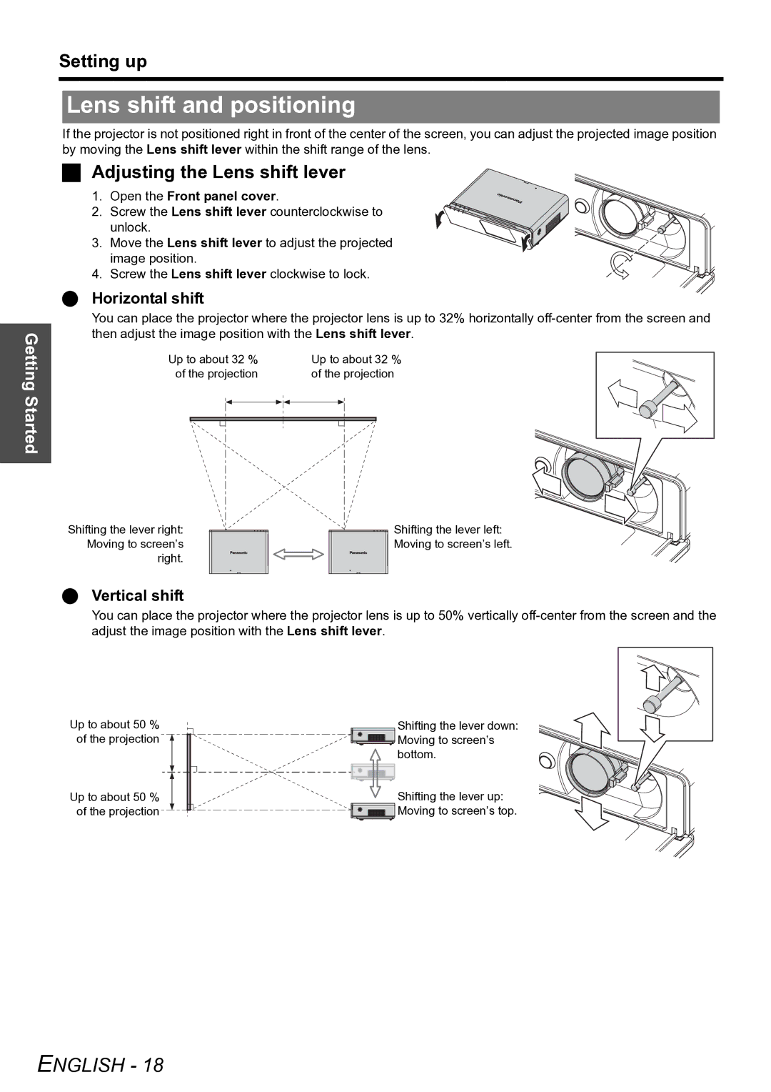 Panasonic PT-F100U manual Lens shift and positioning, Adjusting the Lens shift lever, Horizontal shift, Vertical shift 