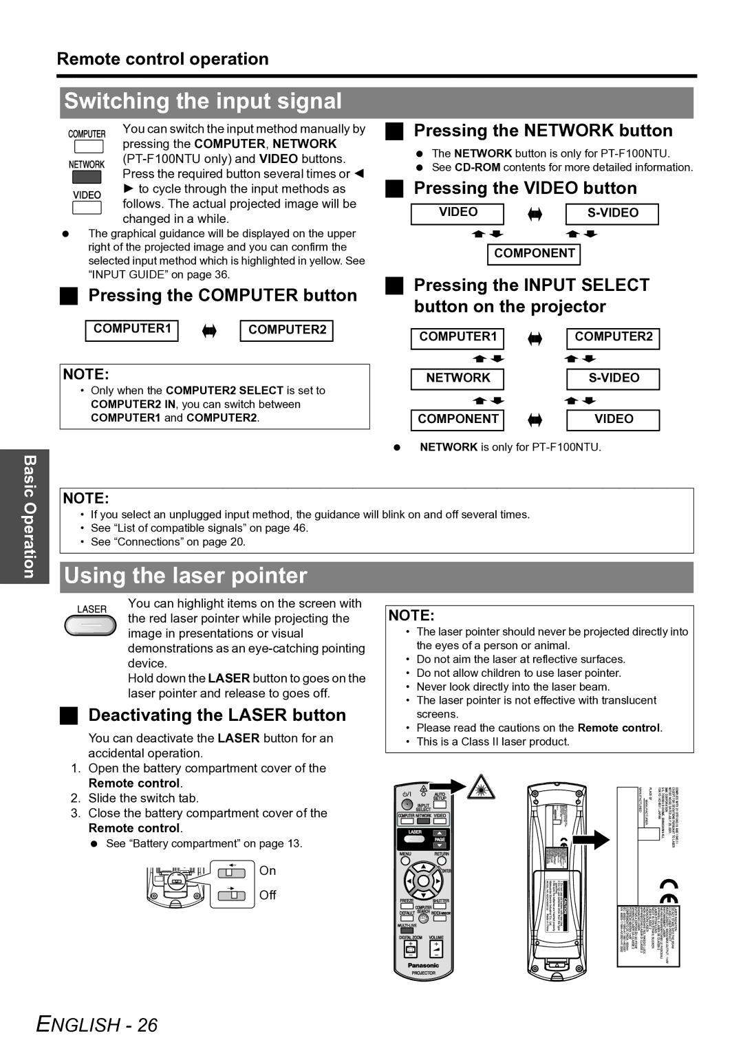 Panasonic PT-F100U manual Switching the input signal, Using the laser pointer 