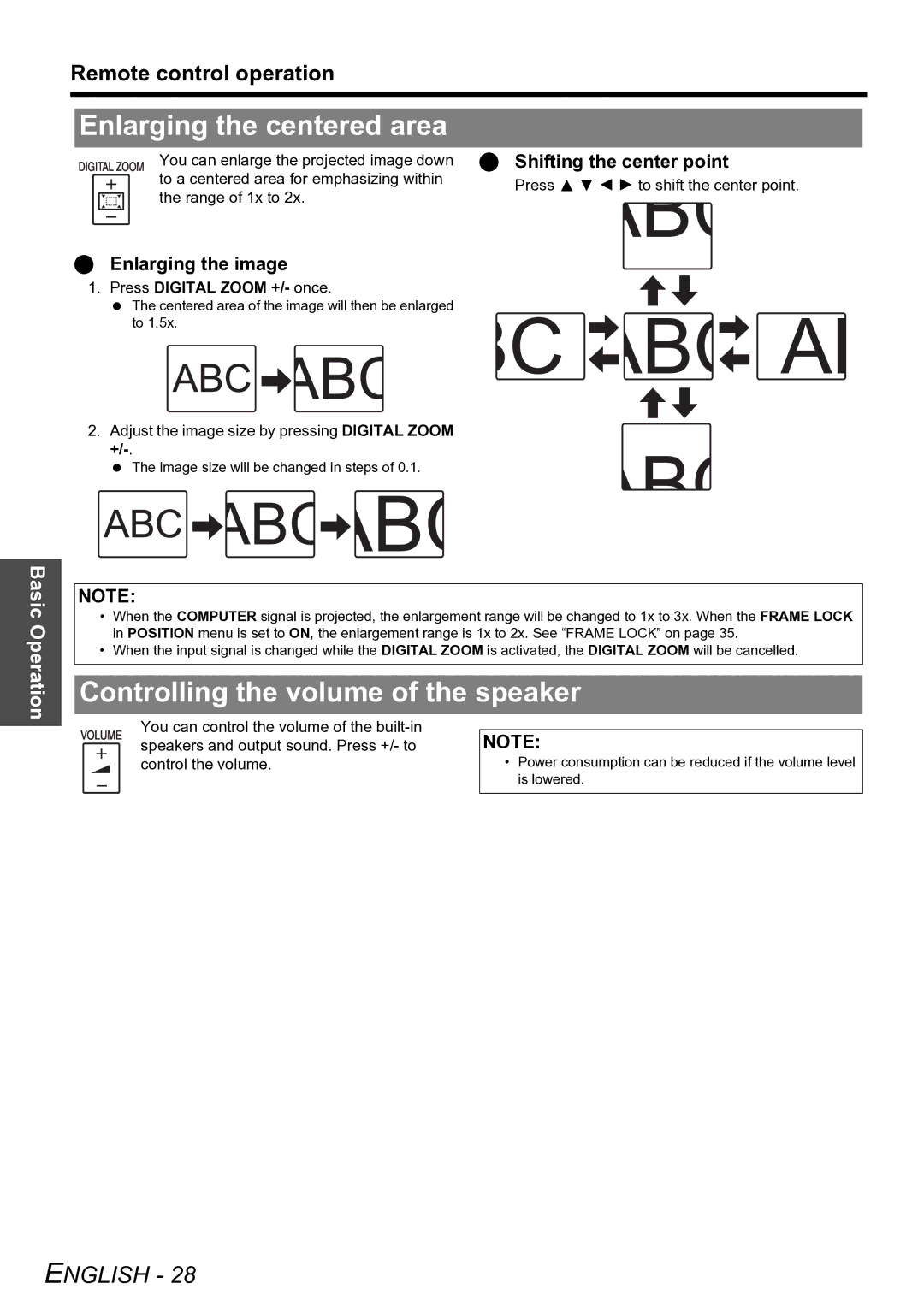 Panasonic PT-F100U manual Enlarging the centered area, Controlling the volume of the speaker, Enlarging the image 