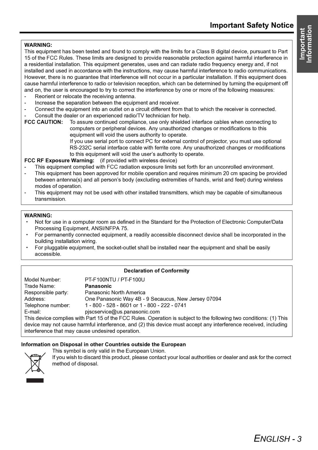 Panasonic Important Safety Notice, Declaration of Conformity, Model Number PT-F100NTU / PT-F100U Trade Name, Panasonic 