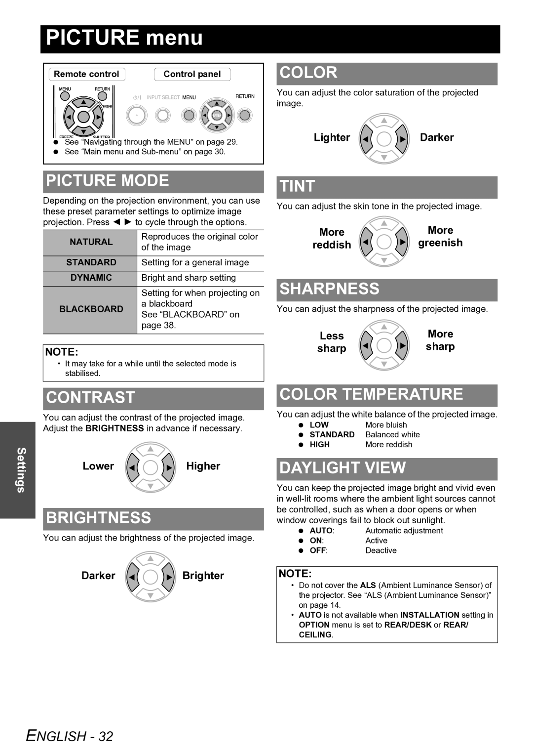 Panasonic PT-F100U manual Picture menu 