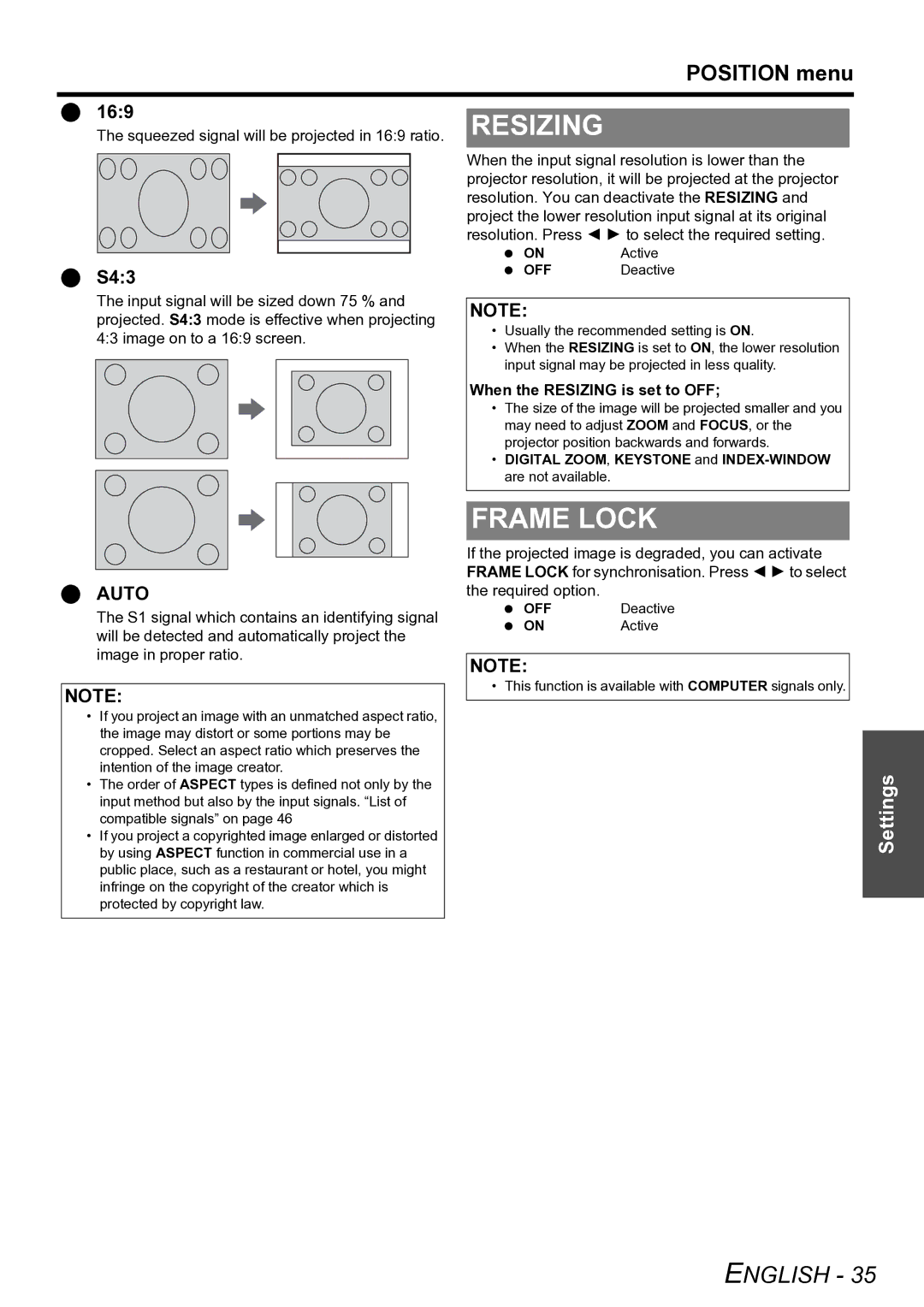 Panasonic PT-F100U manual Frame Lock, Position menu, S43, When the Resizing is set to OFF 