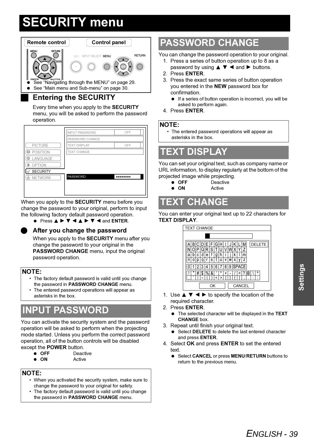 Panasonic PT-F100U manual Security menu, Input Password, Password Change, Text Display, Text Change 