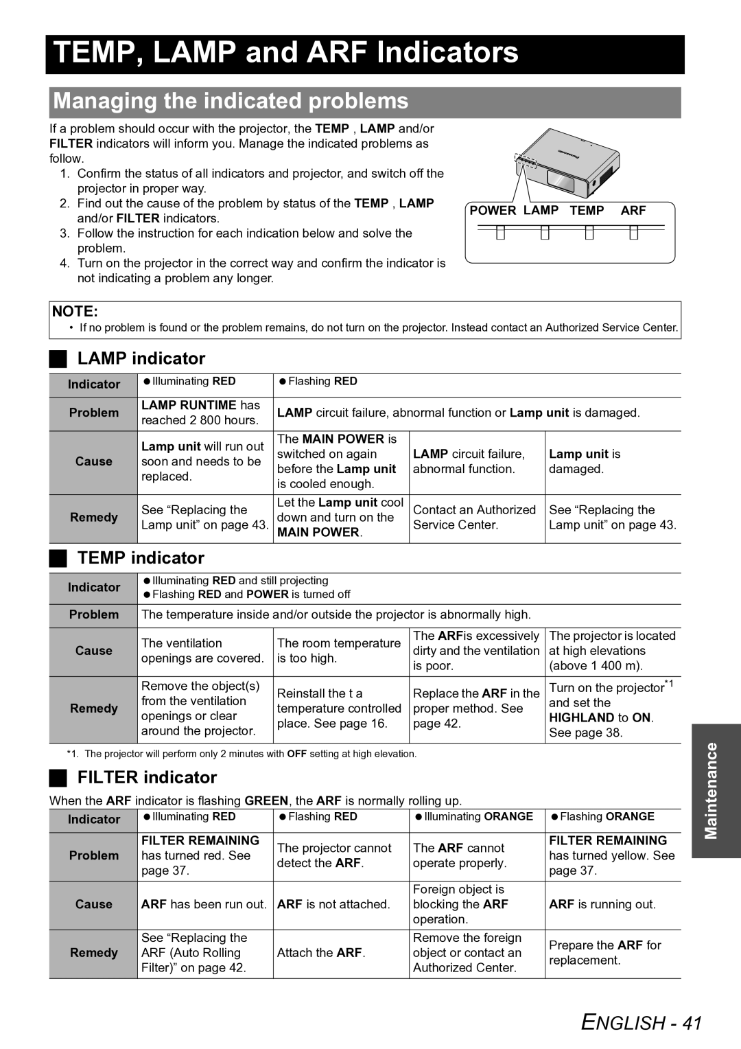 Panasonic PT-F100U manual TEMP, Lamp and ARF Indicators, Managing the indicated problems, Lamp indicator, Temp indicator 