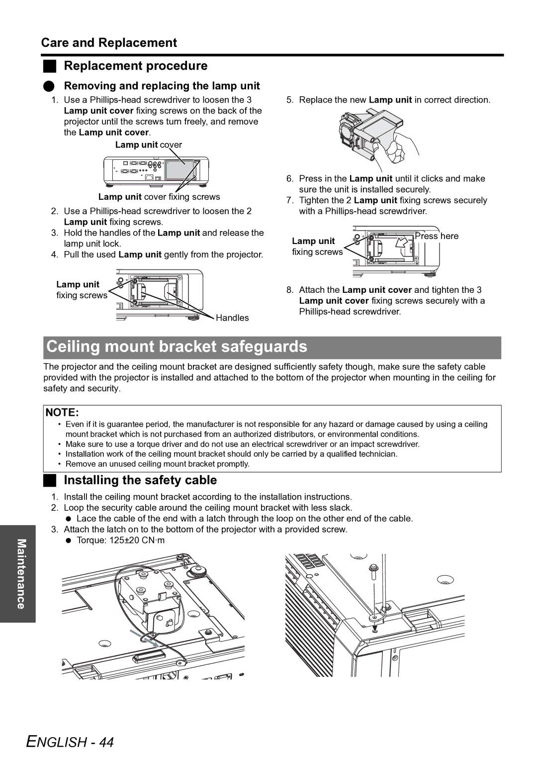 Panasonic PT-F100U manual Ceiling mount bracket safeguards, Care and Replacement Replacement procedure 