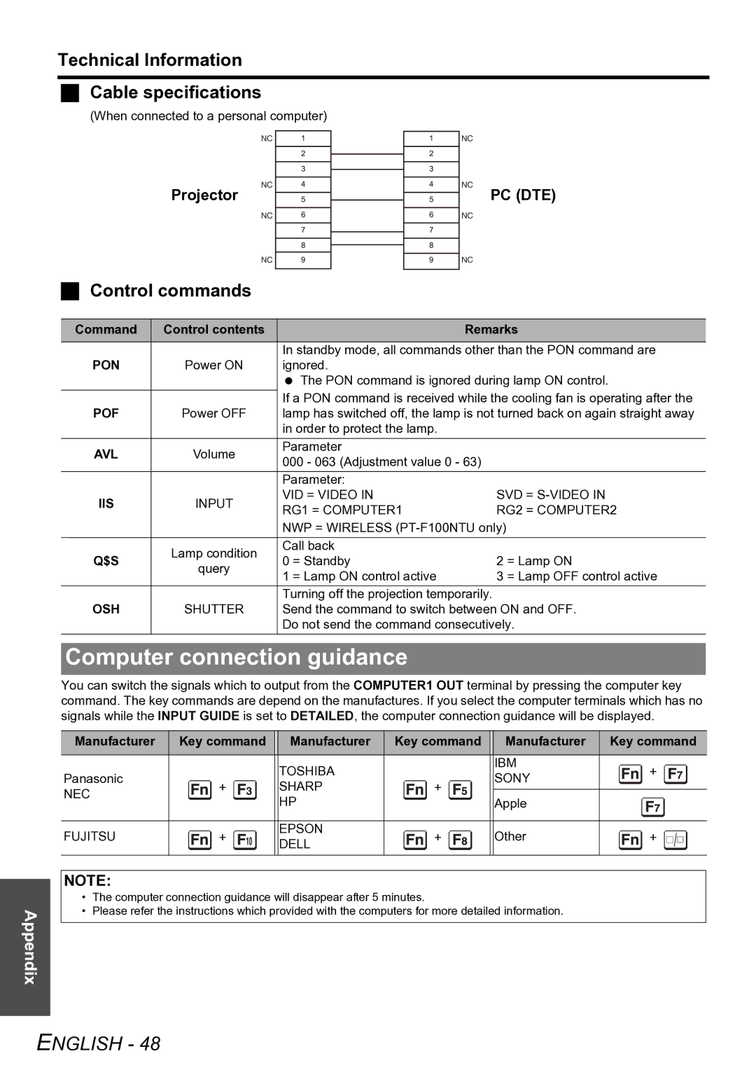 Panasonic PT-F100U Computer connection guidance, Technical Information Cable specifications, Control commands, Projector 